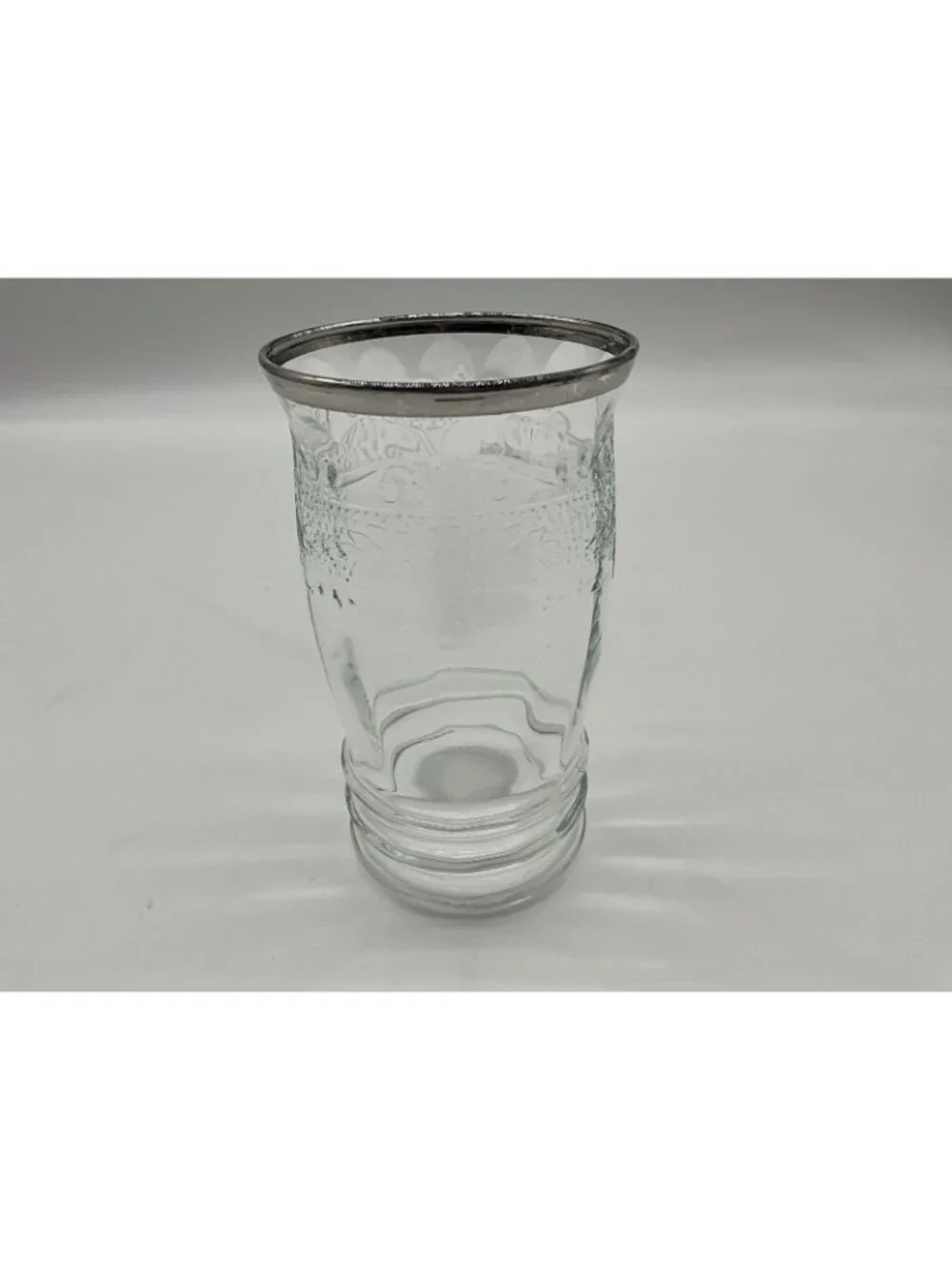 MacBeth -Evans Strippled Rose Band Clear Depression Glass Tumbler w/silver Rim